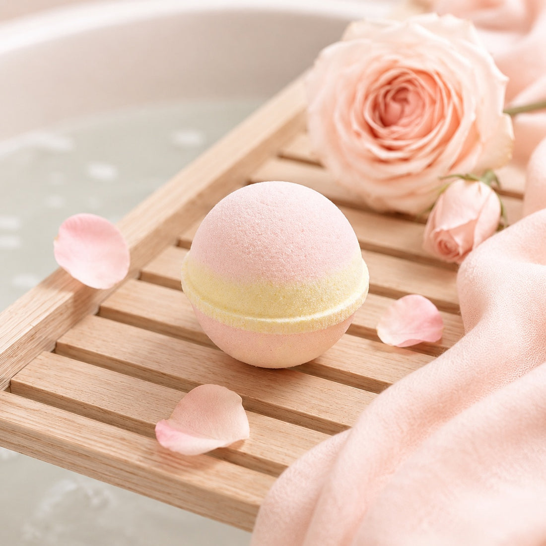 Bath bomb on a wooden tray with pink flowers and petals in a bathtub