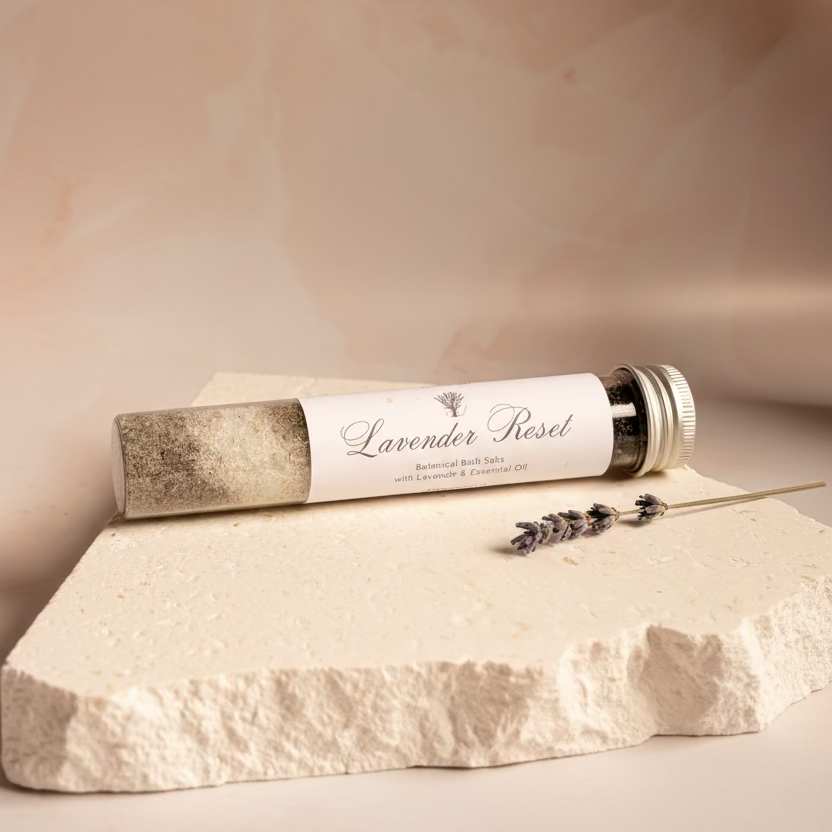 Lavender Reset product on a textured white surface with a light pink marble background