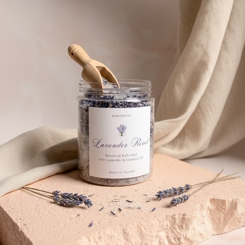 Jar of lavender bath salts with a wooden scoop on a textured surface
