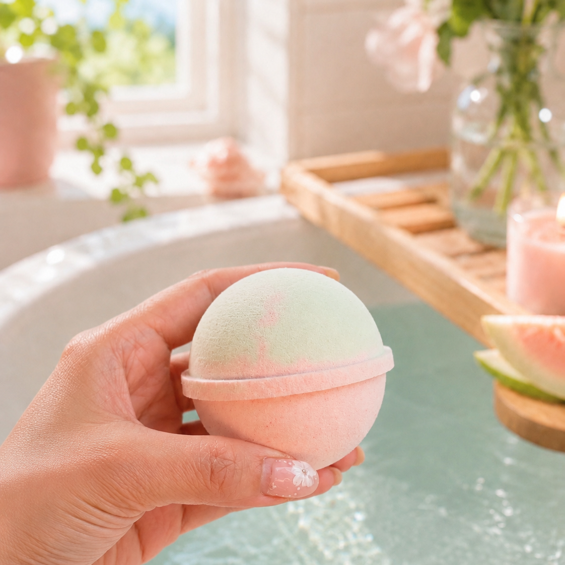 Person holding a bath bomb in front of a bathtub with flowers and candles.