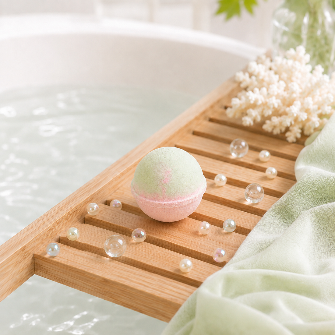 Bath bomb on a wooden tray over a bathtub with bubbles