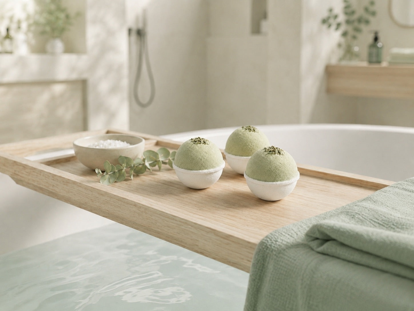 Bath bombs on a wooden tray over a bathtub in a bathroom setting