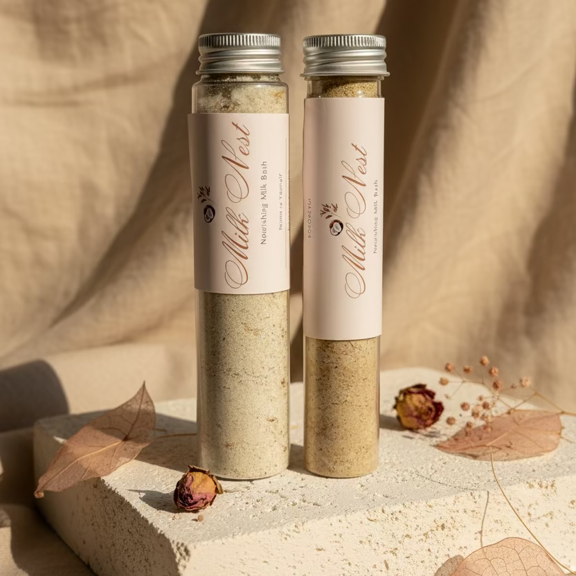 two Milk Nest Bath Milk are on the stone