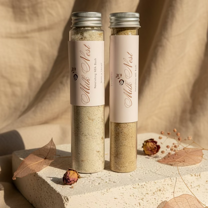 two Milk Nest Bath Milk are on the stone