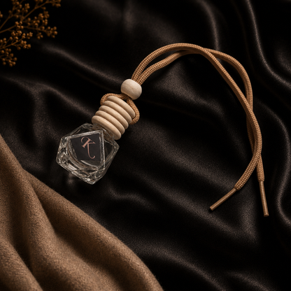 A faceted clear glass car air freshener bottle with a beige braided cord, cream-colored wooden beads, and a white round bead, styled on a dark brown satin fabric background.