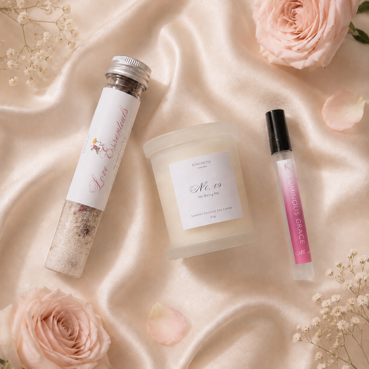 Morning Ritual Trio Soft Bloom- Love Essentials No. 09 Mini Candle Luminous Grace Bath Salt 