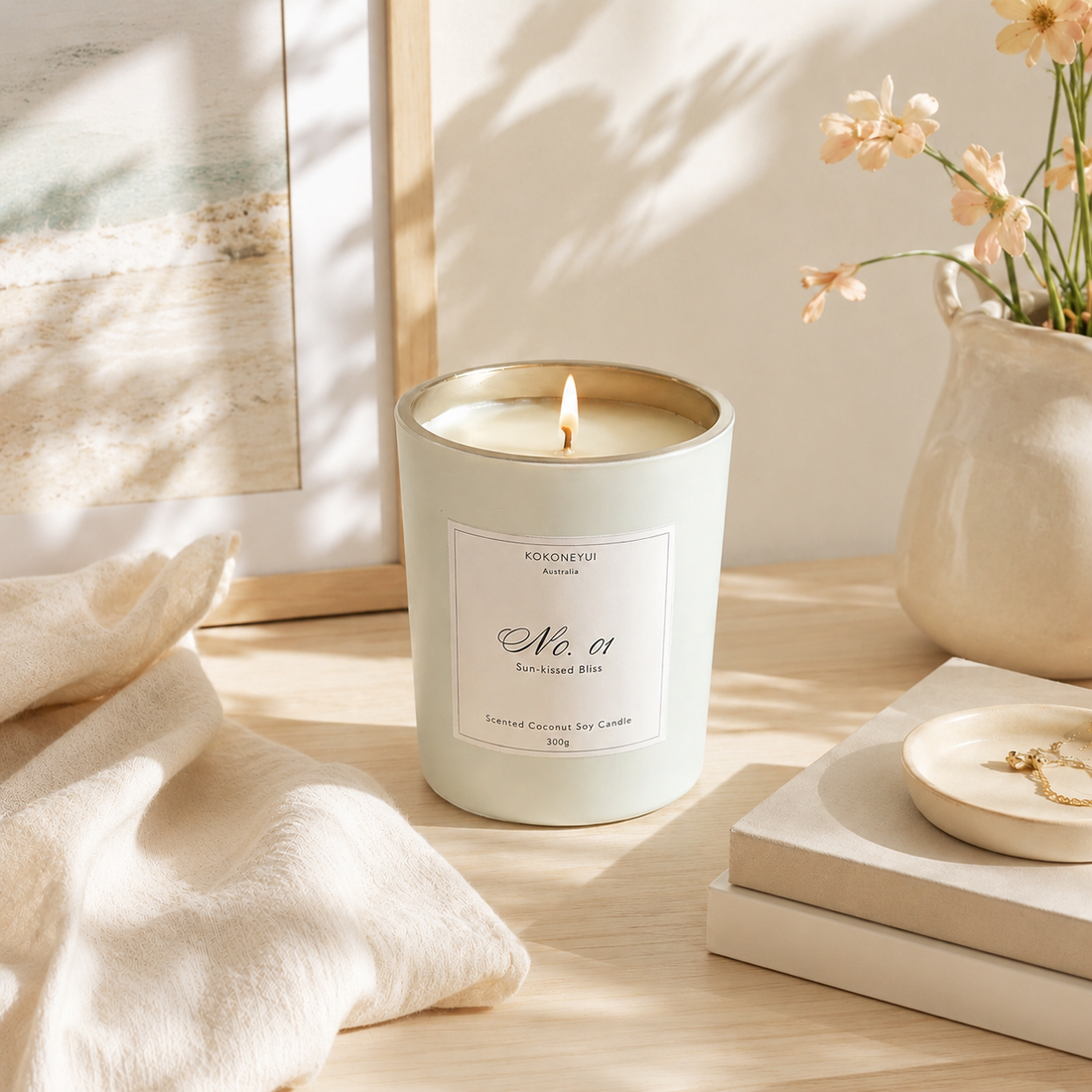 Candle with a label on a wooden surface with soft lighting