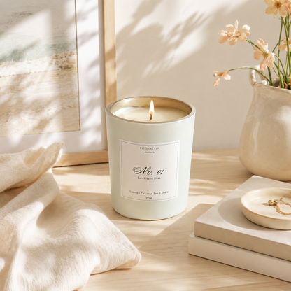 Candle with a label on a wooden surface with soft lighting