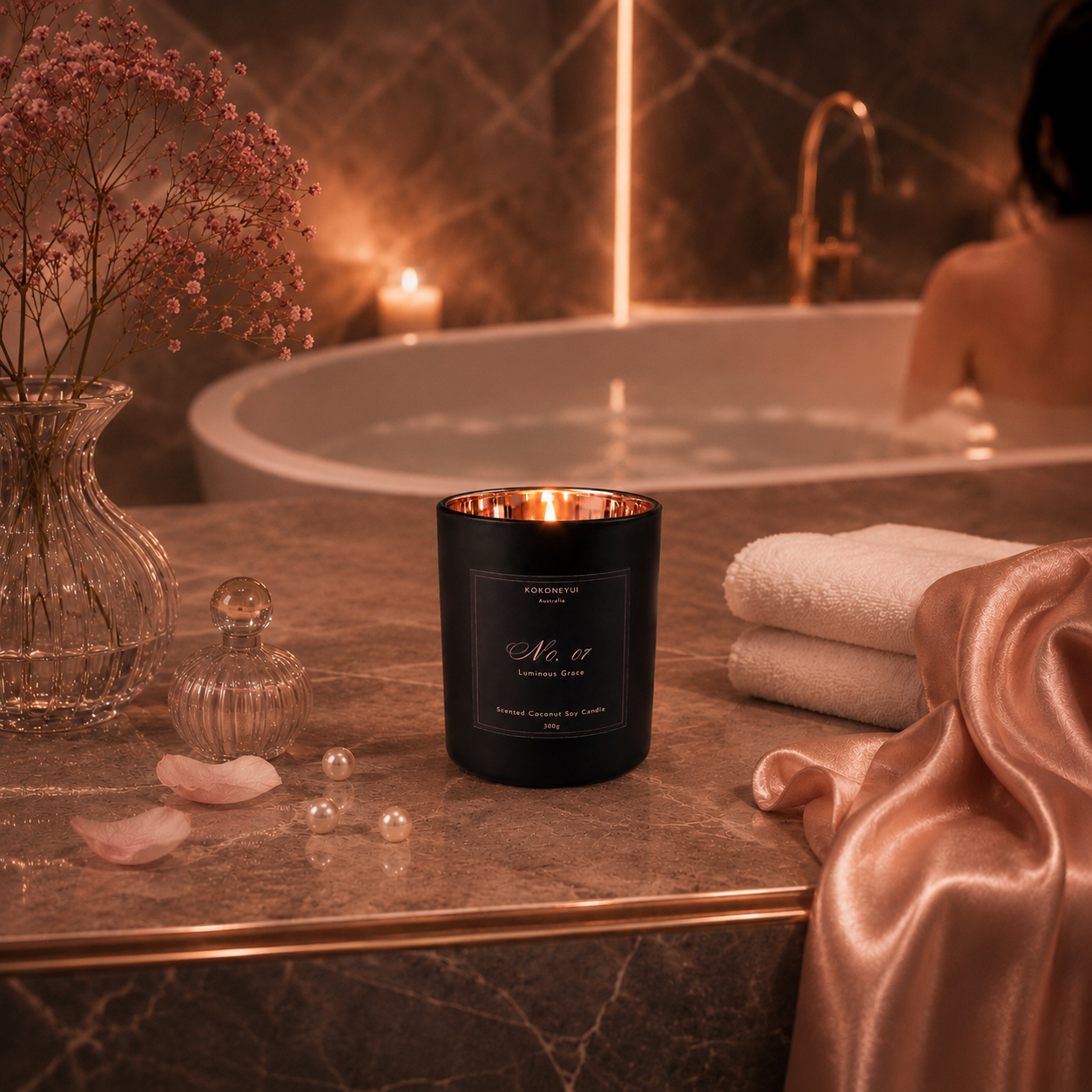 Candle with a label in a bathroom setting with a bathtub and flowers.