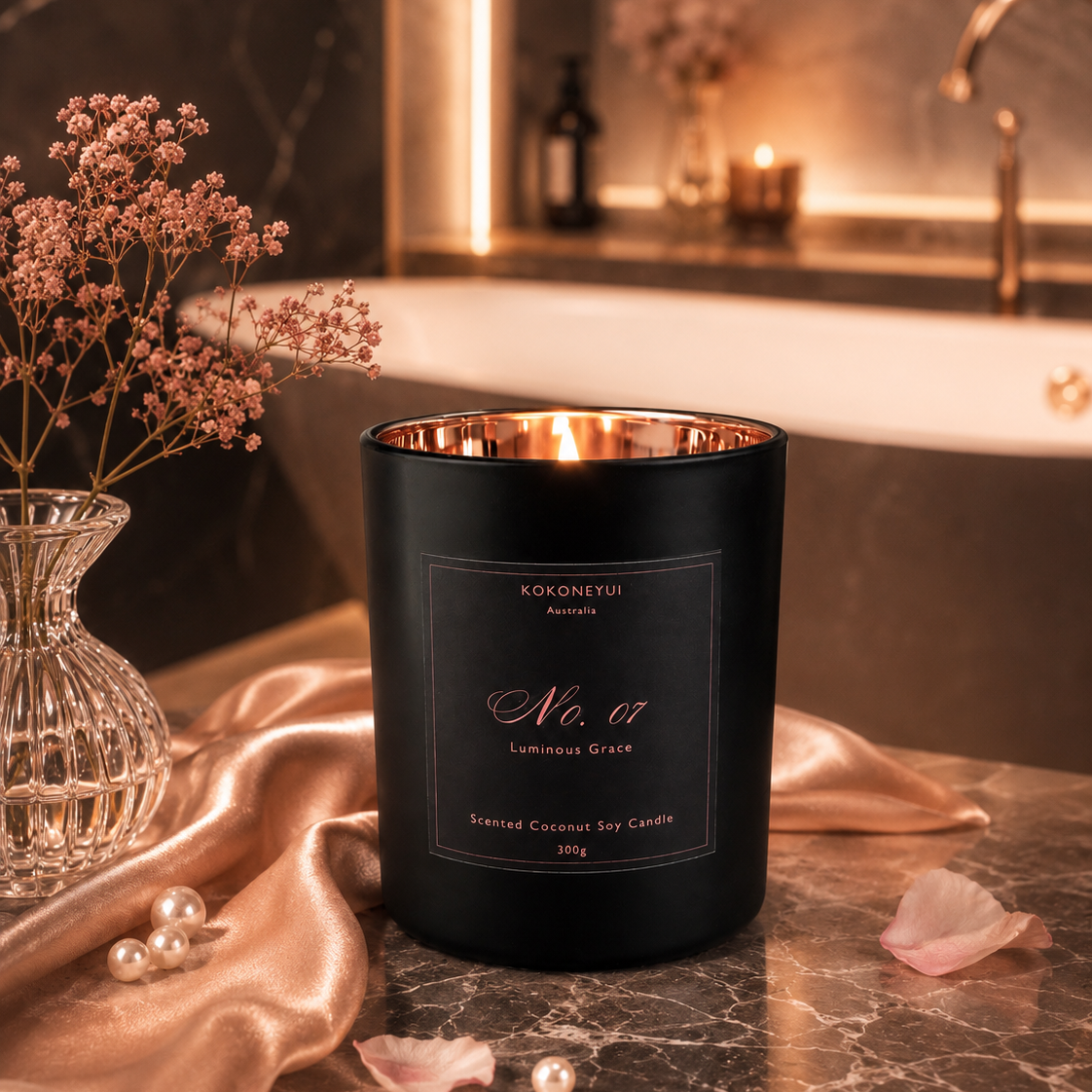 Black candle with a label on a marble surface with decorative elements