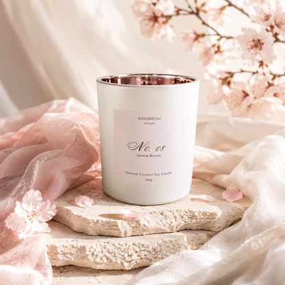 Candle no.08 with cherry blossoms and soft fabric background