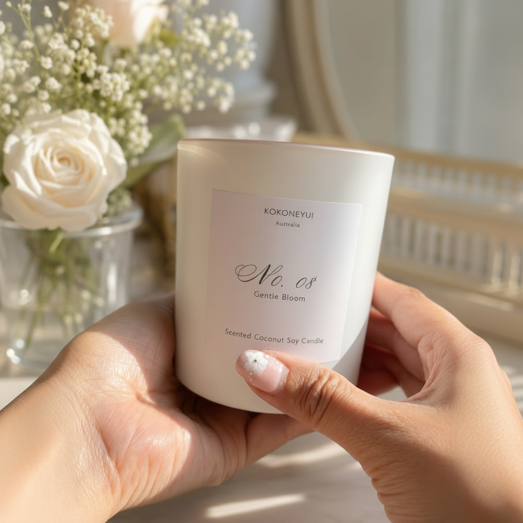 Person holding a white candle labeled &