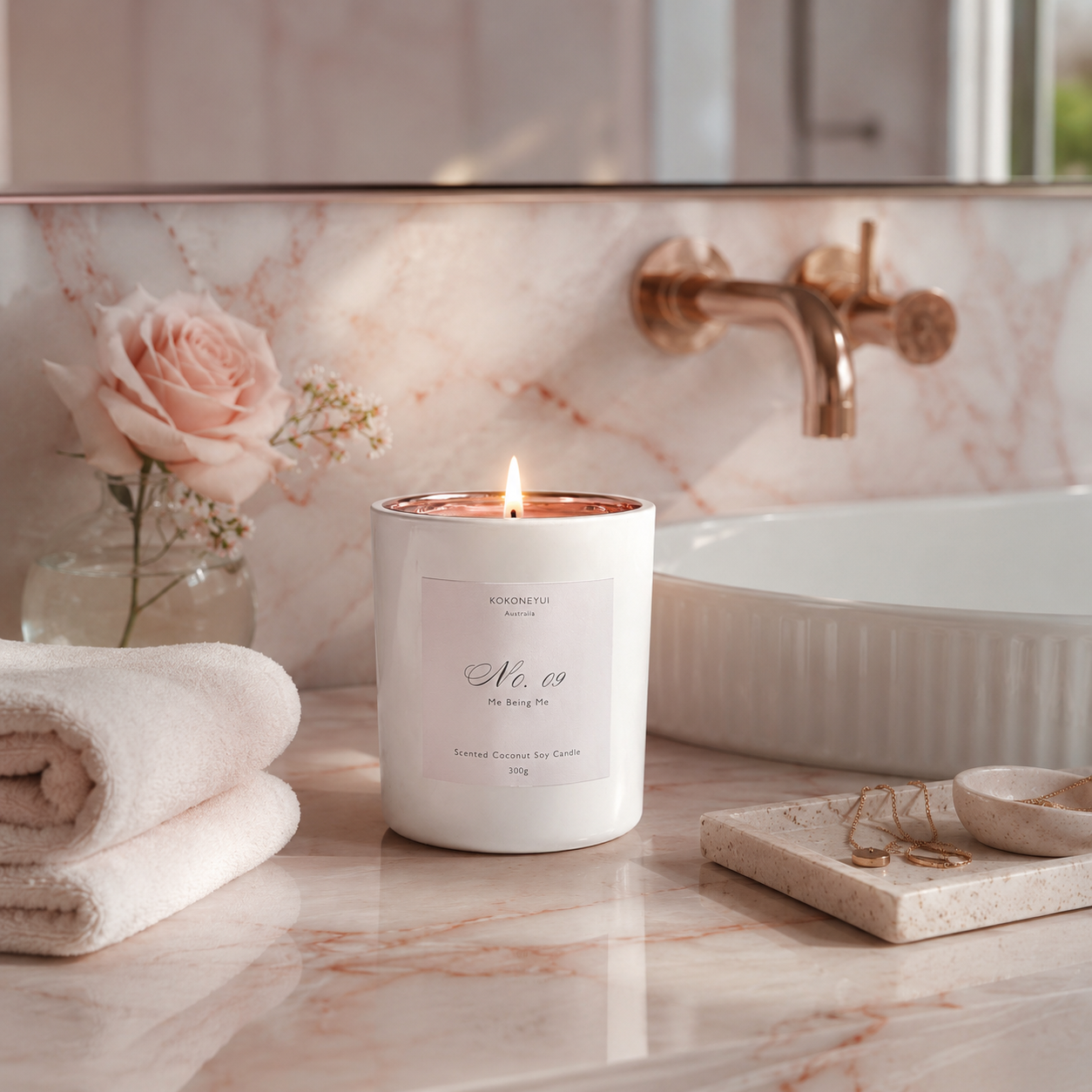 Candle on a marble surface with a rose and bathtub in the background