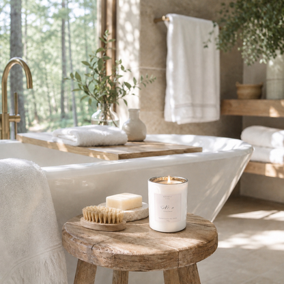 Bathroom setting with a bathtub, candle, and bath accessories.