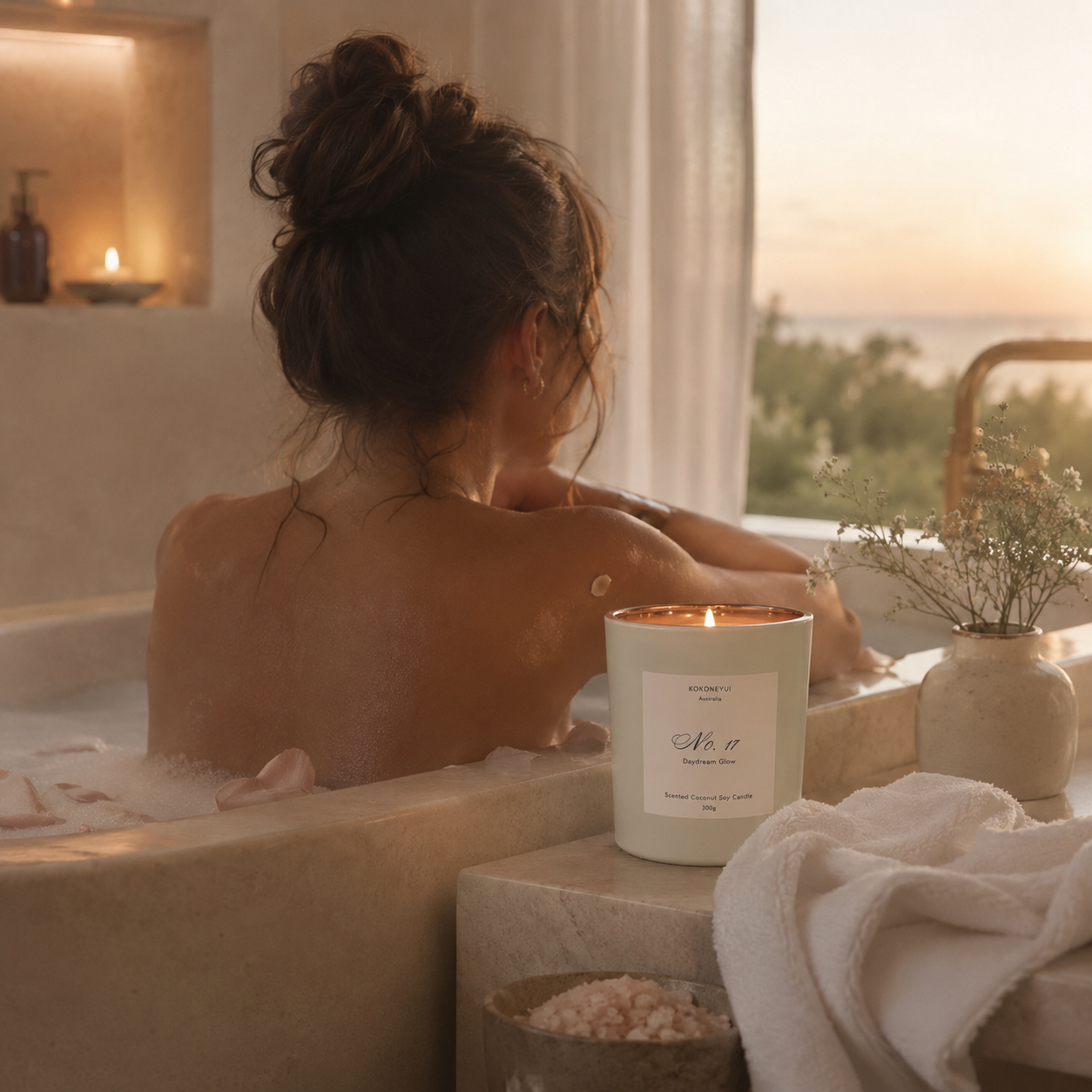 Woman in a bathtub with a candle and bath salts, enjoying a relaxing moment.