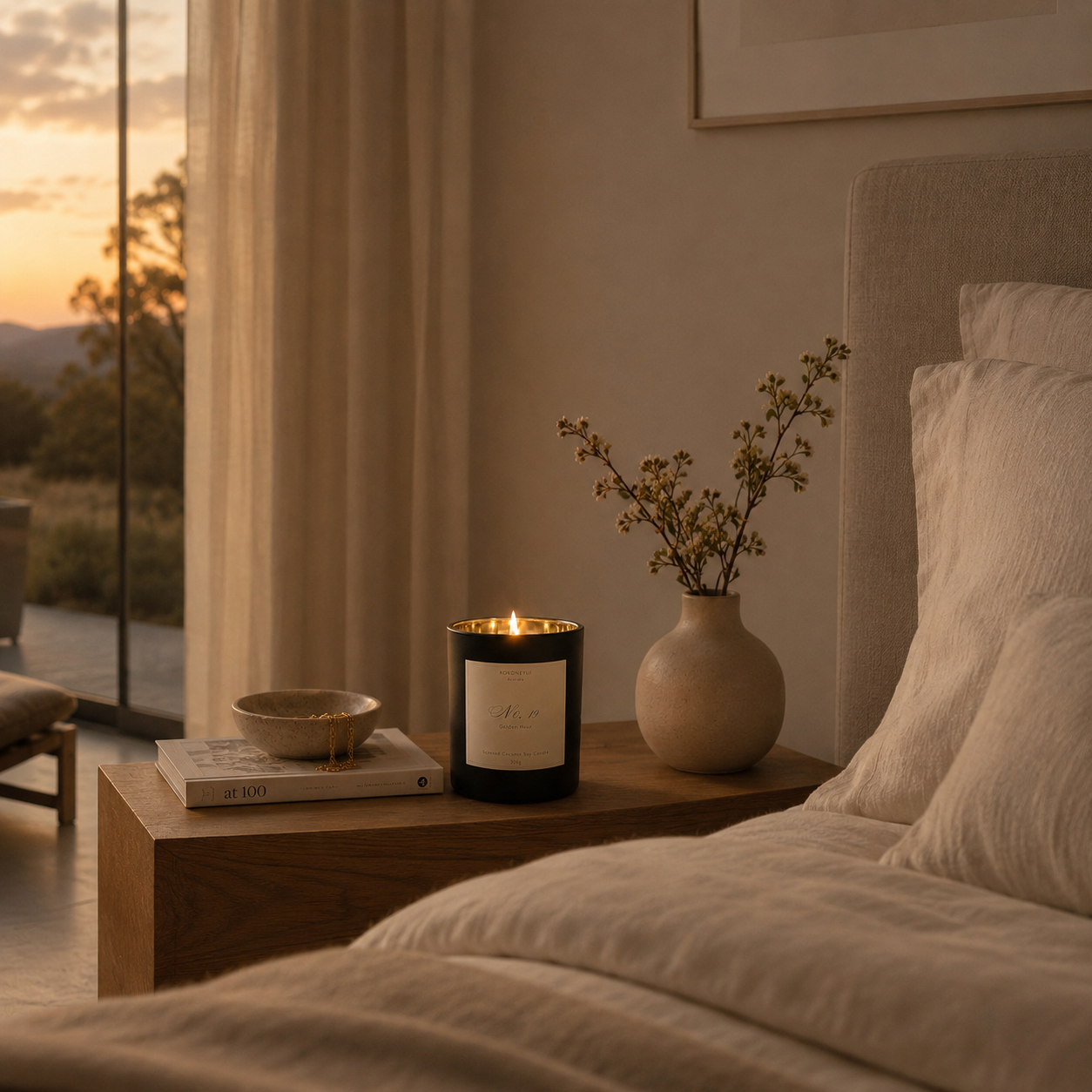 Cozy bedroom with a lit candle, vase with flowers, and books on a nightstand.
