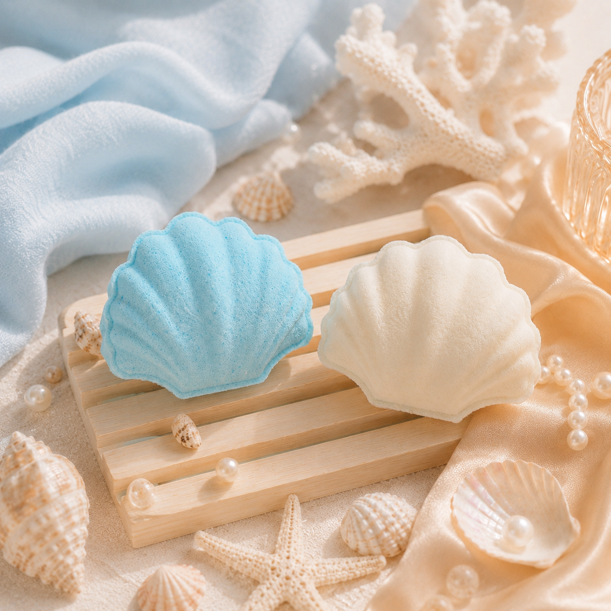 Two shell-shaped bath bombs, one blue and one white, on a wooden stand with beach-themed decor including shells and coral.