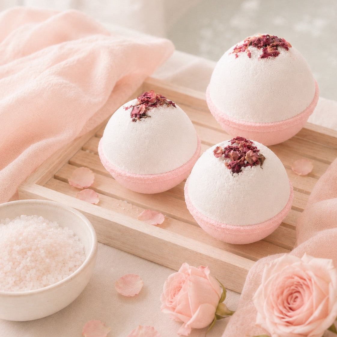 Bath bombs with rose petals on a wooden tray with pink roses and a bowl of bath salts.