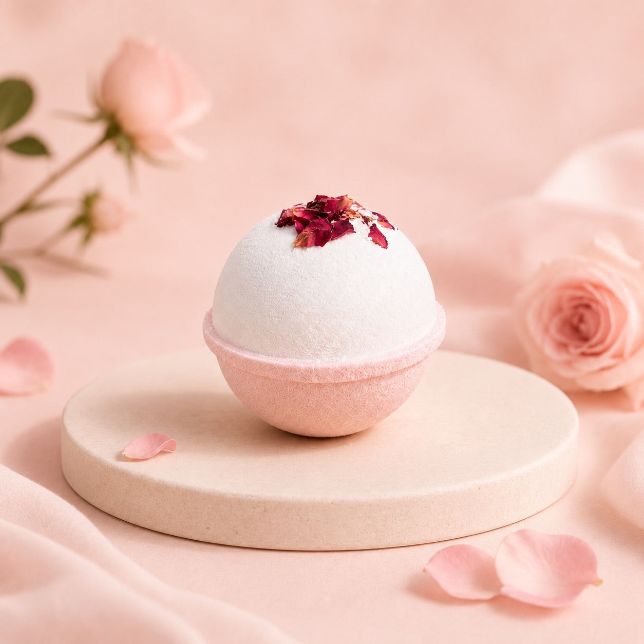 Bath bomb with rose petals on a pink background