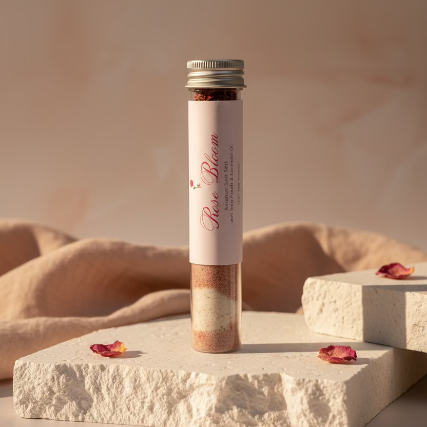 Tube of Rose Bloom product on a textured white surface with a light gray background