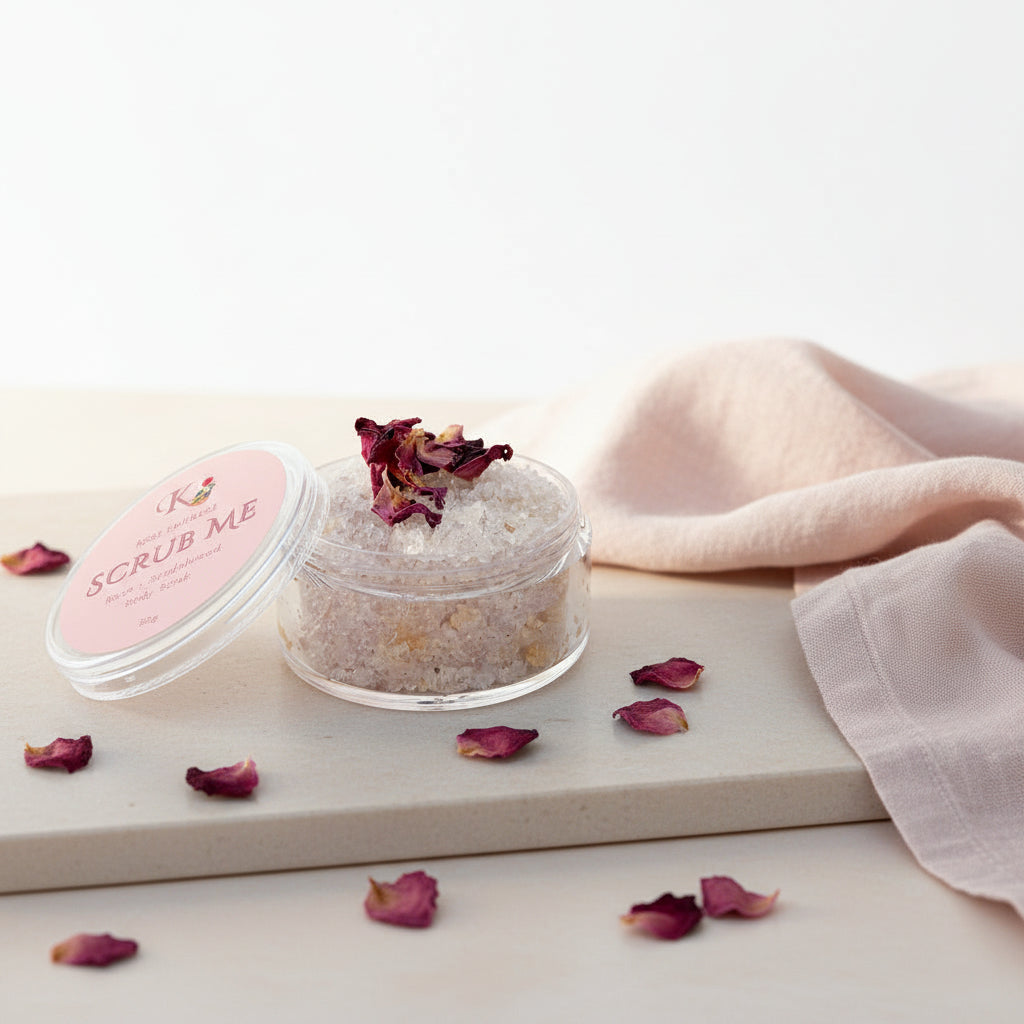 Small jar of scrub with a pink lid on a light gray background