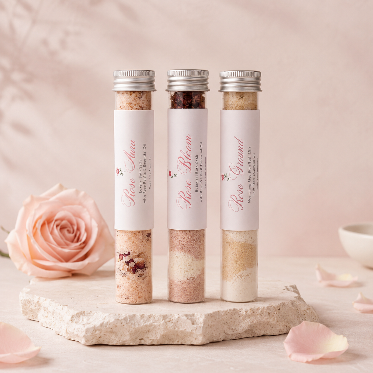 Rose Aura Collection — 3種のローズリチュアル バスソルトセット（60g テストチューブ）