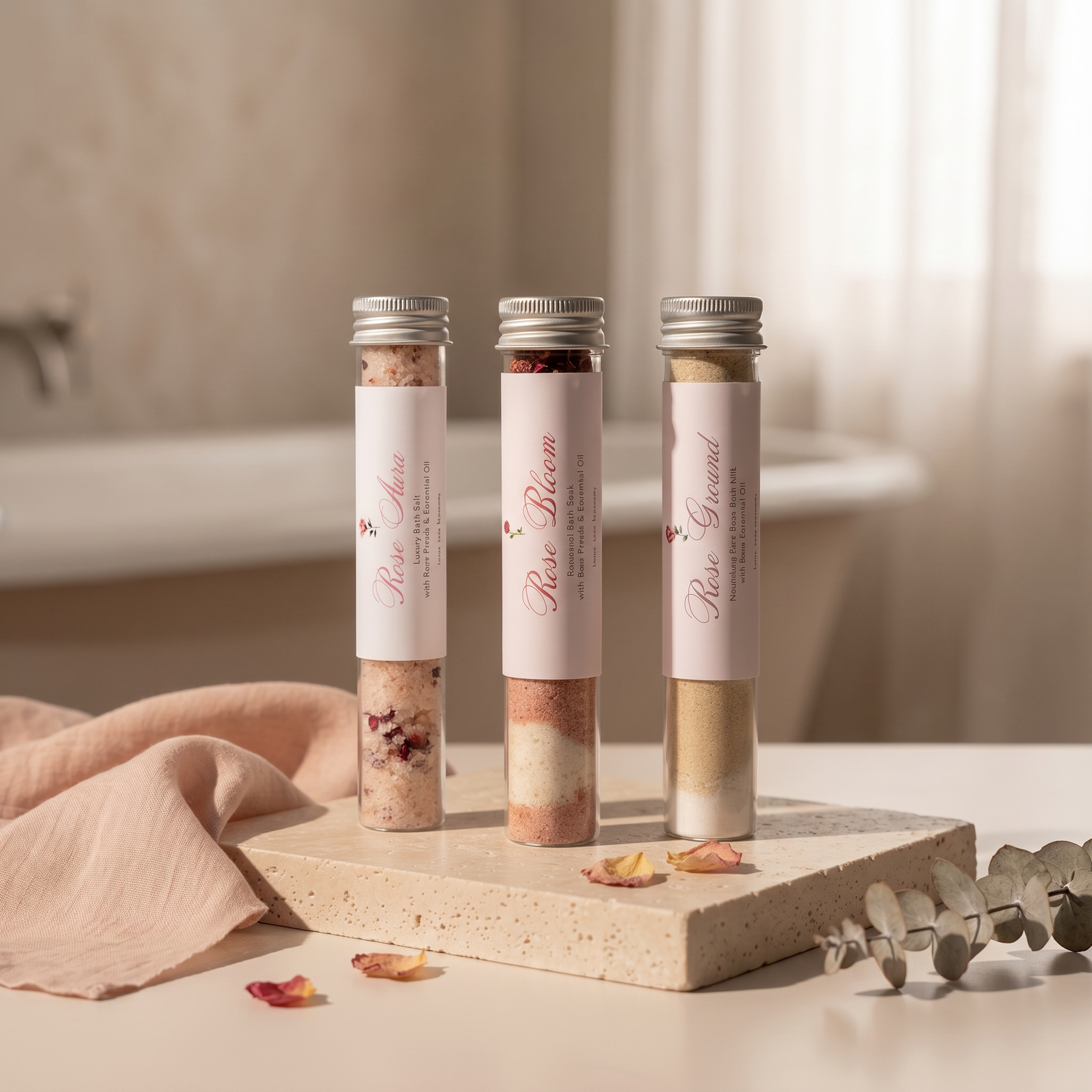Rose Aura Collection — 3種のローズリチュアル バスソルトセット（60g テストチューブ）