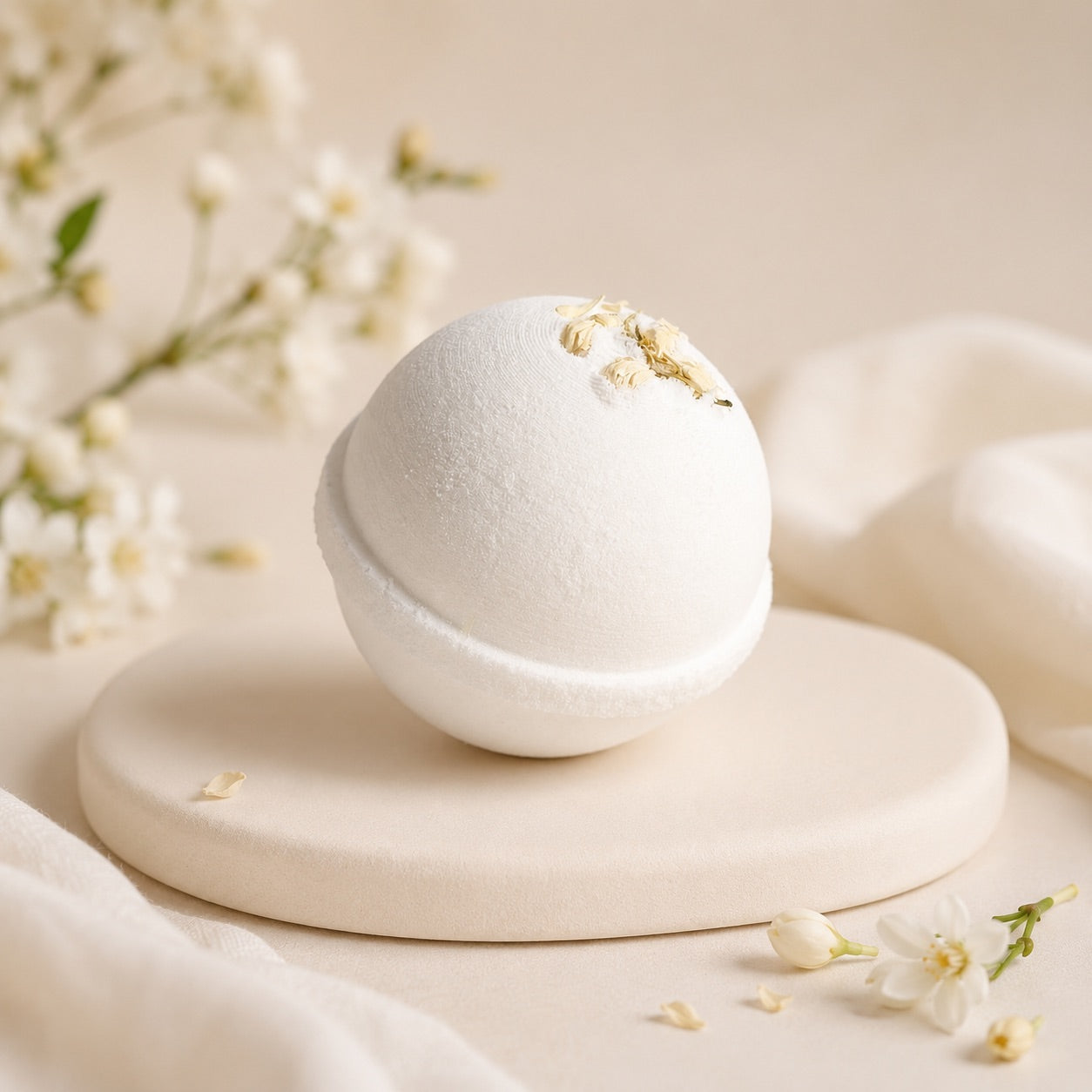 White bath bomb with Jasmine petals on a beige stand with flowers in the background