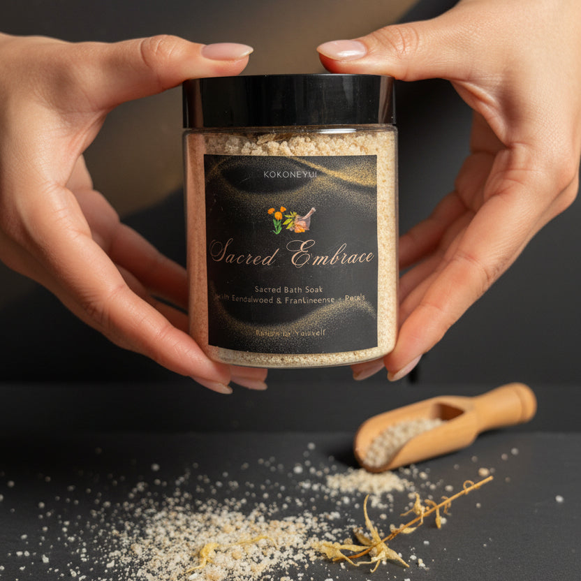 Jar of 'Sacred Embrace' bath soak held by hands on a dark surface