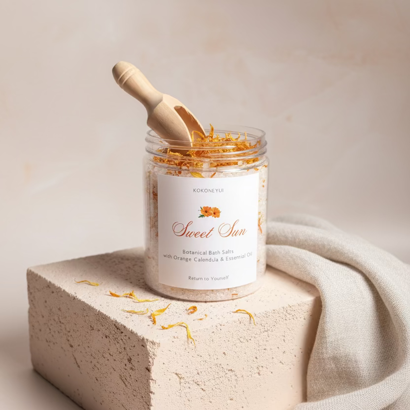 Jar of bath salts with a wooden scoop on a light surface