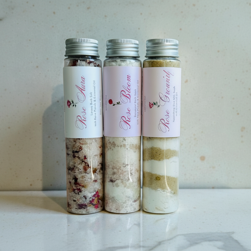 Rose Aura Collection — 3種のローズリチュアル バスソルトセット（110g テストチューブ）