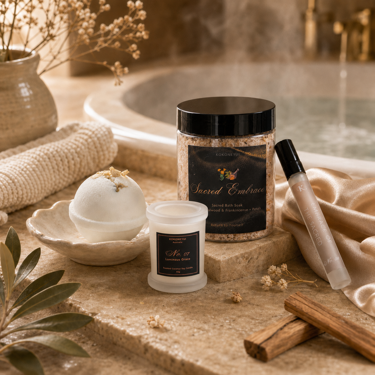 A spa-style product arrangement on a stone surface beside a bathtub, featuring a jar labeled Sacred Embrace bath soak, a small candle jar, a mini space mist, a white bath bomb, rolled towels, dried flowers, and wooden sticks in a warm neutral setting.
