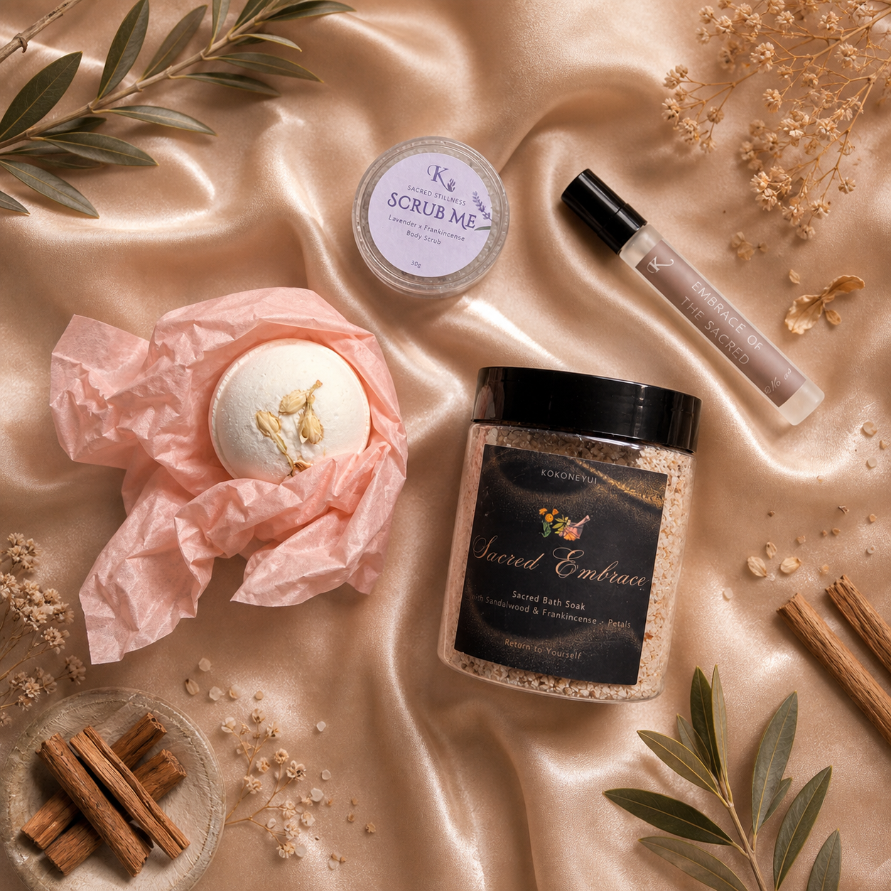 Deep Reset Bath Ritual - Sacred Embrace bath soak - No.90 Embrace of the sacred space mist - Snow Bloom Bath Bomb - Scrub Me