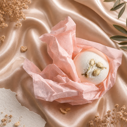 A round white bath bomb wrapped in crinkled pink tissue paper, decorated with dried Jasmine flowers, set on a draped champagne satin fabric with botanical accents.