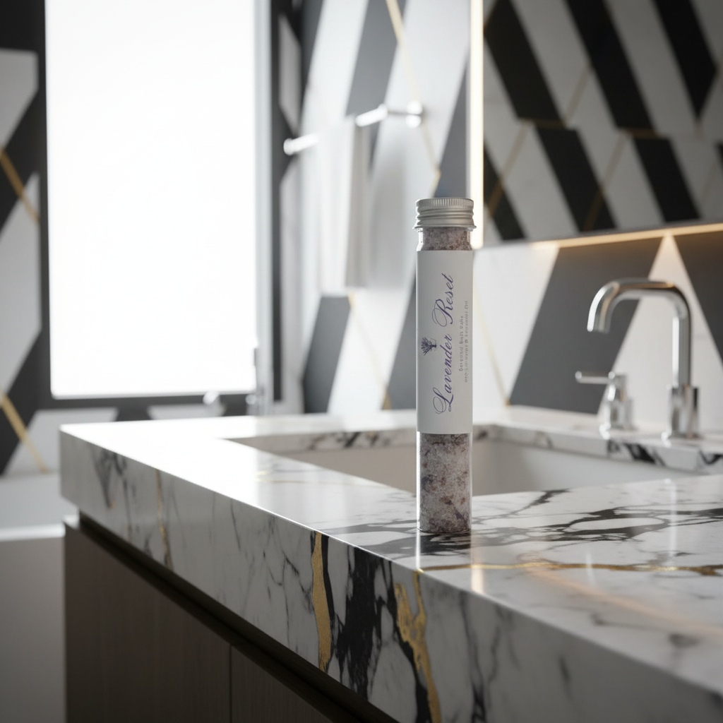 Lavender Reset product in a tube on a marble countertop with a bathroom background