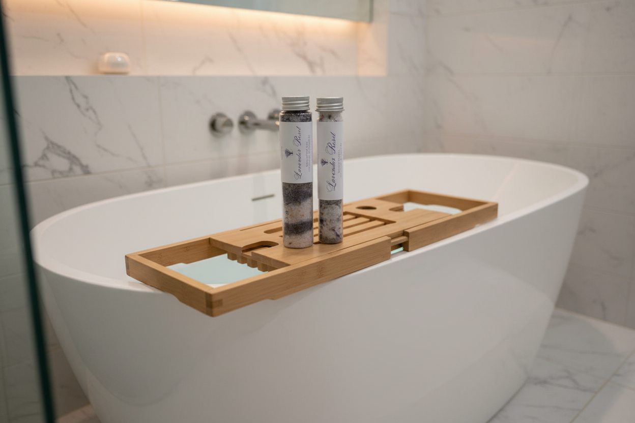 Two tubes of Lavender Reset bath salts on a marble countertop.