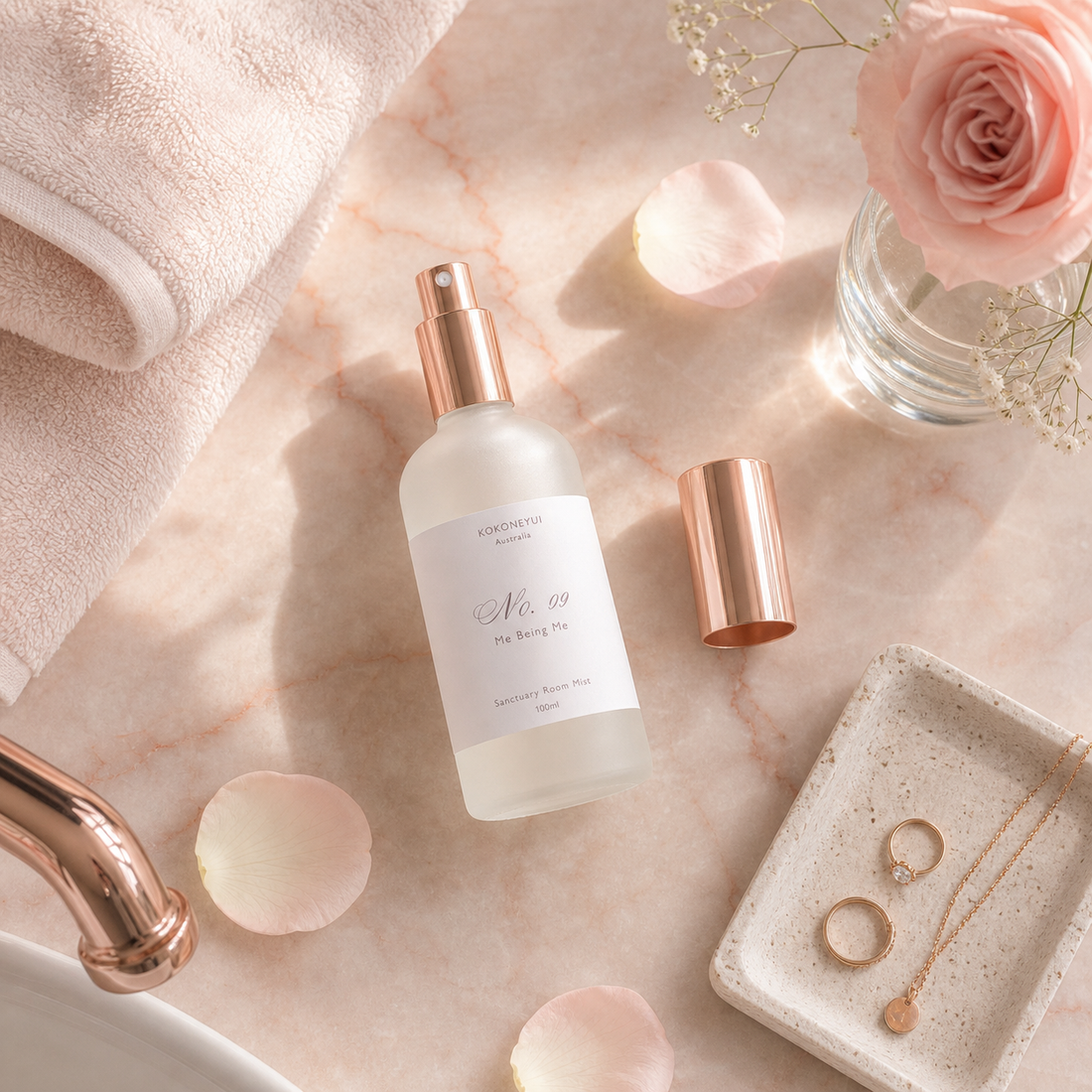 Room Mist bottle with rose gold cap on a marble surface with flowers and jewelry
