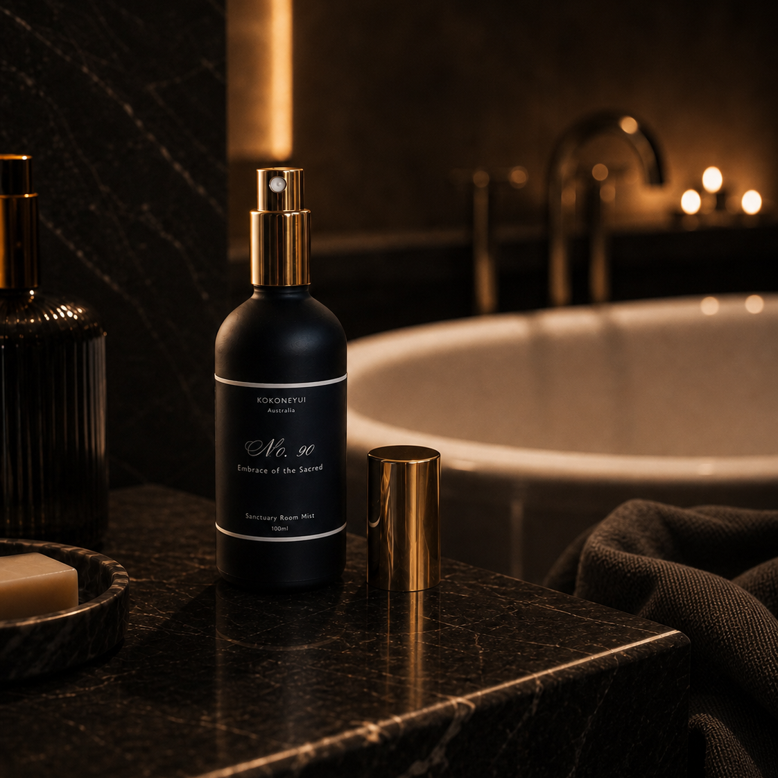 Black bottle with gold cap on a dark surface near a bathtub in a dimly lit room.