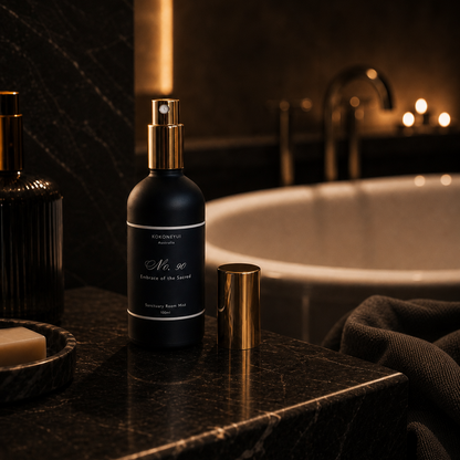 Black bottle with gold cap on a dark surface near a bathtub in a dimly lit room.