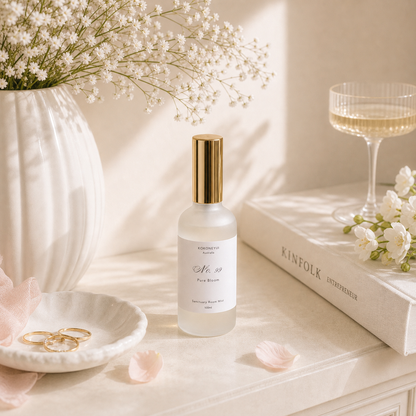 Room Mist Bottle on a table with flowers, book, and glasses in the background